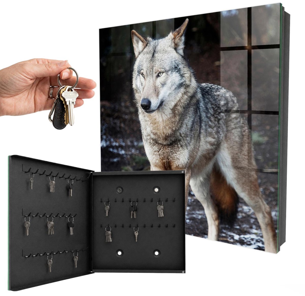 WallMuralia - Sleutelkast - 30x30x5 cm - met 50 haken - Wolf In Het Bos Leuk Sleutelkastje - Grijs Sleutelbox - Linksopenend - Zwart interieur