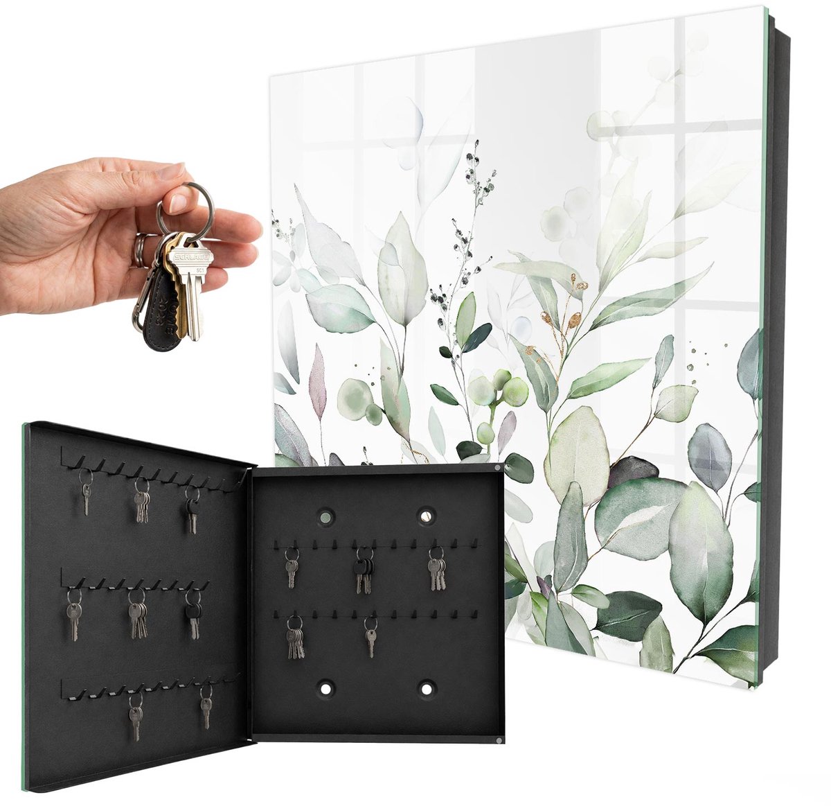 WallMuralia - Sleutelkast - 30x30x5 cm - met 50 haken - Groene Elegantie Leuk Sleutelkastje - Groente Sleutelbox - Linksopenend - Zwart interieur