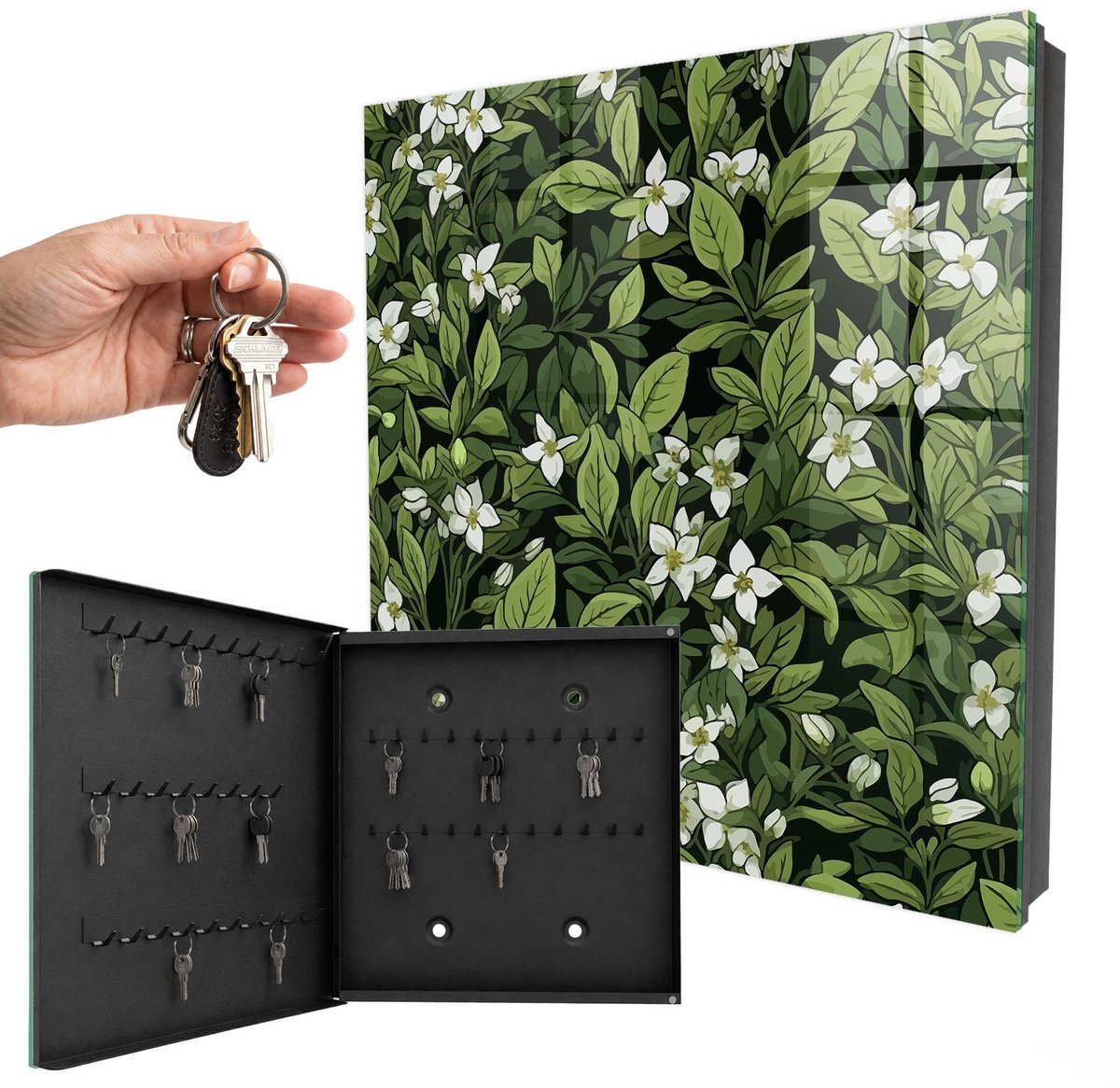 WallMuralia - Sleutelkast - 30x30x5 cm - met 50 haken - Plantmotief Sleutelkastje Design - Groente Sleutelbox - Linksopenend - Zwart interieur
