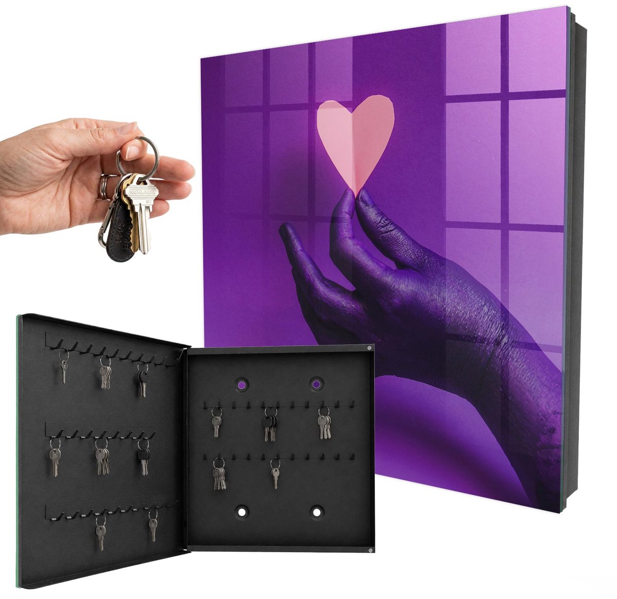 WallMuralia - Sleutelkast - 30x30x5 cm - met 50 haken - Paarse Liefde Leuk Sleutelkastje - Paars Sleutelbox - Linksopenend - Zwart interieur