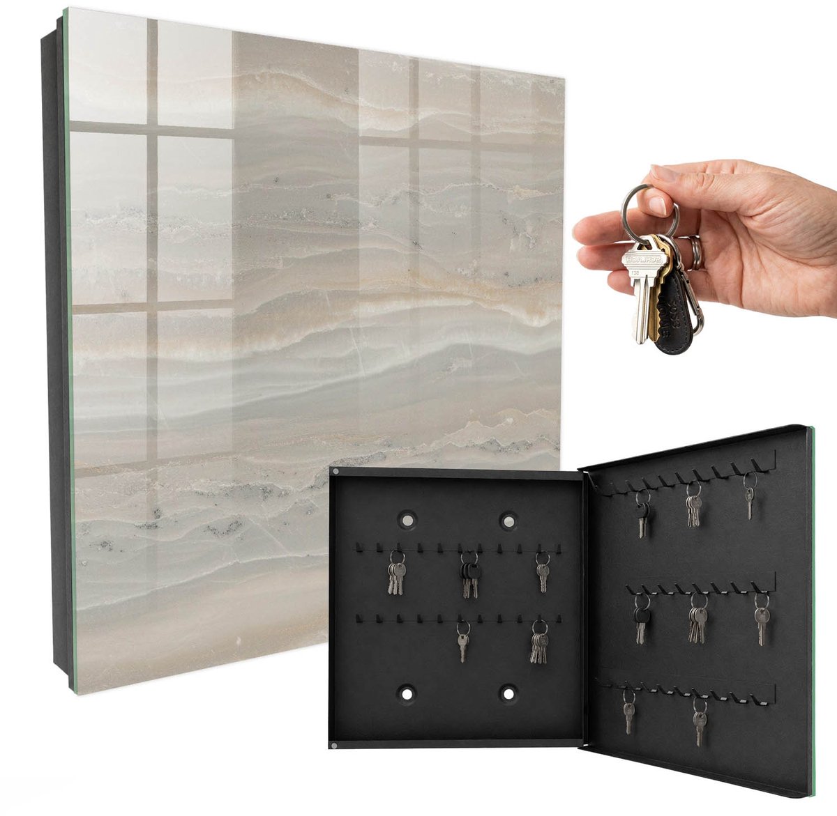 WallMuralia - Sleutelkast - 30x30x5 cm - met 50 haken - Beige Golven Sleutelkastje Hal - Beige Sleutelbox - Rechtsopenend - Zwart interieur