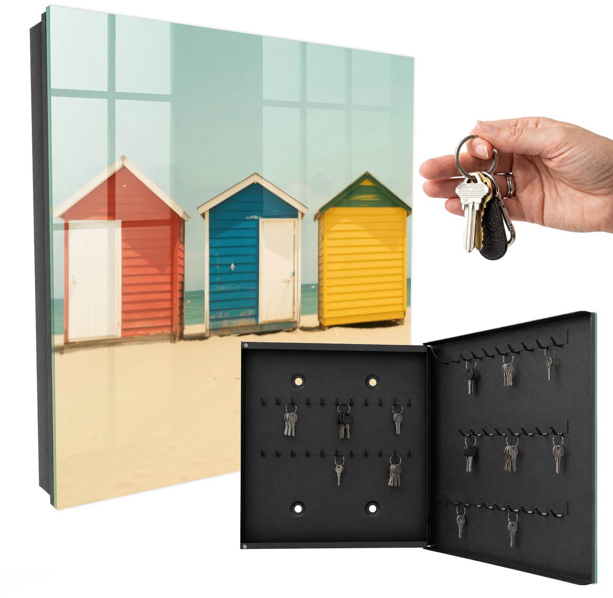 WallMuralia - Sleutelkast - 30x30x5 cm - met 50 haken - Kleurrijke Huizen Sleutelkastje Gang - Geel Sleutelbox - Rechtsopenend - Zwart interieur