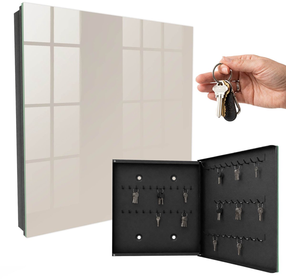 WallMuralia - Sleutelkast - 30x30x5 cm - met 50 haken - Warme Steen Sleutelkastje Voor Binnen - Romig Sleutelbox - Rechtsopenend - Zwart interieur