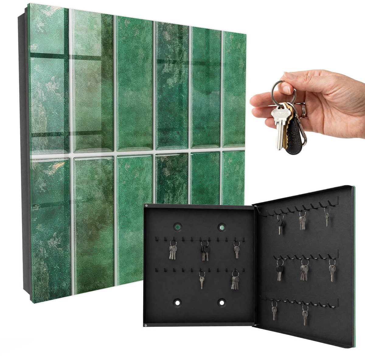 WallMuralia - Sleutelkast - 30x30x5 cm - met 50 haken - Groen Patroon Sleutelkastje Klein - Groente Sleutelbox - Rechtsopenend - Zwart interieur
