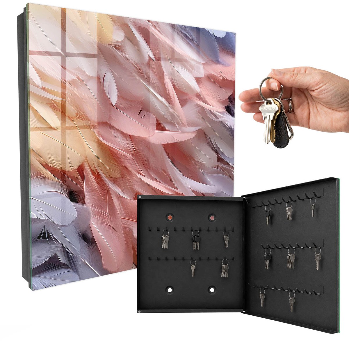 WallMuralia - Sleutelkast - 30x30x5 cm - met 50 haken - Pastelkleurige Veren Sleutelkastje Hal - Roze Sleutelbox - Rechtsopenend - Zwart interieur