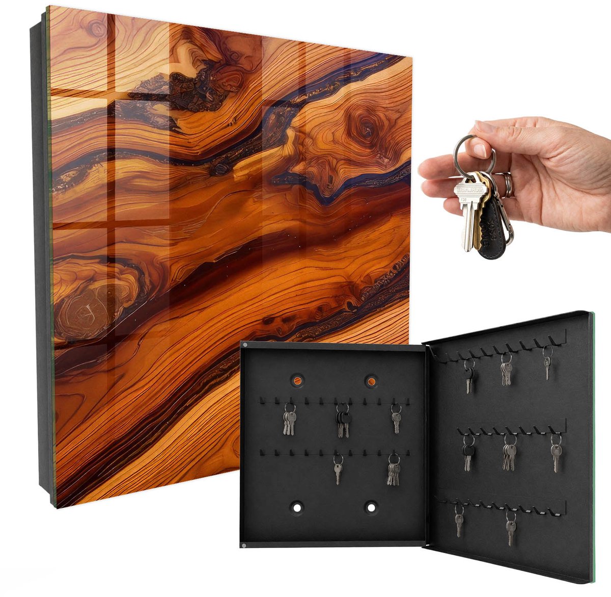 WallMuralia - Sleutelkast - 30x30x5 cm - met 50 haken - Houtessentie Sleutelkastje Gang - Bruin Sleutelbox - Rechtsopenend - Zwart interieur
