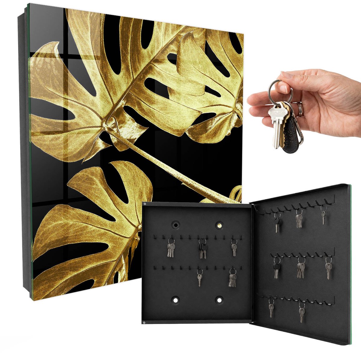 WallMuralia - Sleutelkast - 30x30x5 cm - met 50 haken - Monstera-Bladeren Sleutelkastje Muur - Geel Sleutelbox - Rechtsopenend - Zwart interieur