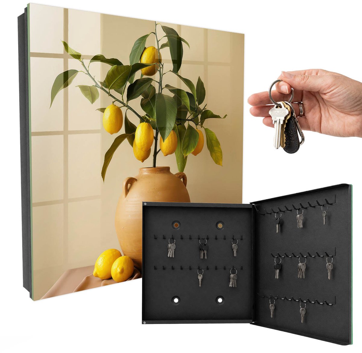WallMuralia - Sleutelkast - 30x30x5 cm - met 50 haken - Citroenen In Een Kan Sleutelkastje Gang - Geel Sleutelbox - Rechtsopenend - Zwart interieur
