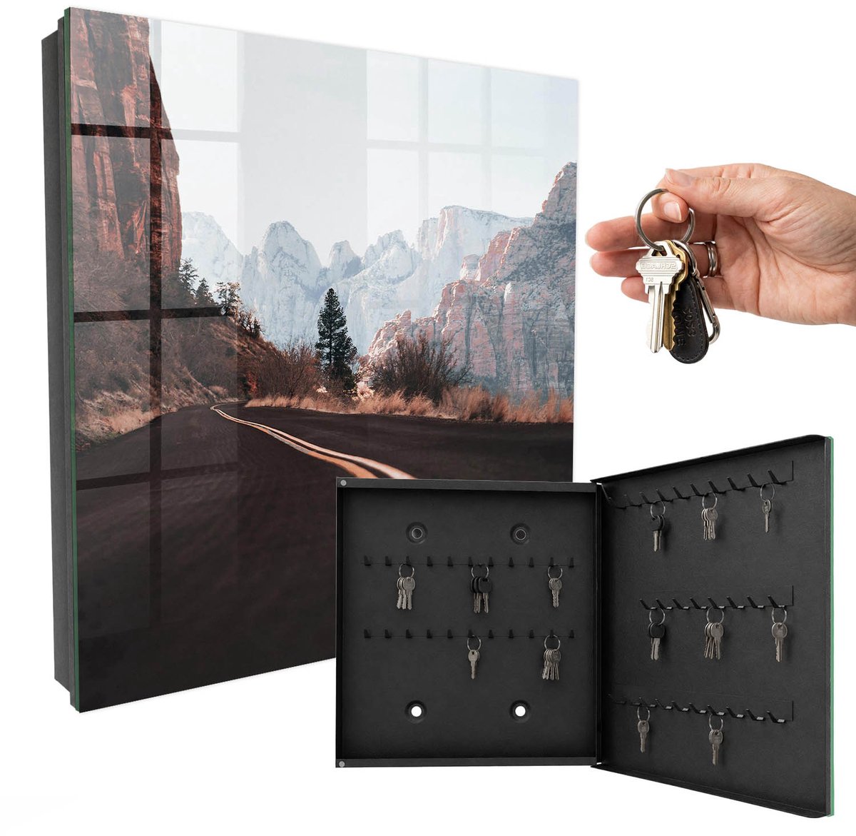 WallMuralia - Sleutelkast - 30x30x5 cm - met 50 haken - Weg In De Bergen Sleutelkastje Binnen - Bruin Sleutelbox - Rechtsopenend - Zwart interieur