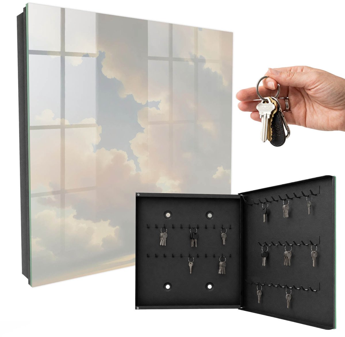 WallMuralia - Sleutelkast - 30x30x5 cm - met 50 haken - Wolken Aan De Hemel Sleutelkastje Hal - Beige Sleutelbox - Rechtsopenend - Zwart interieur