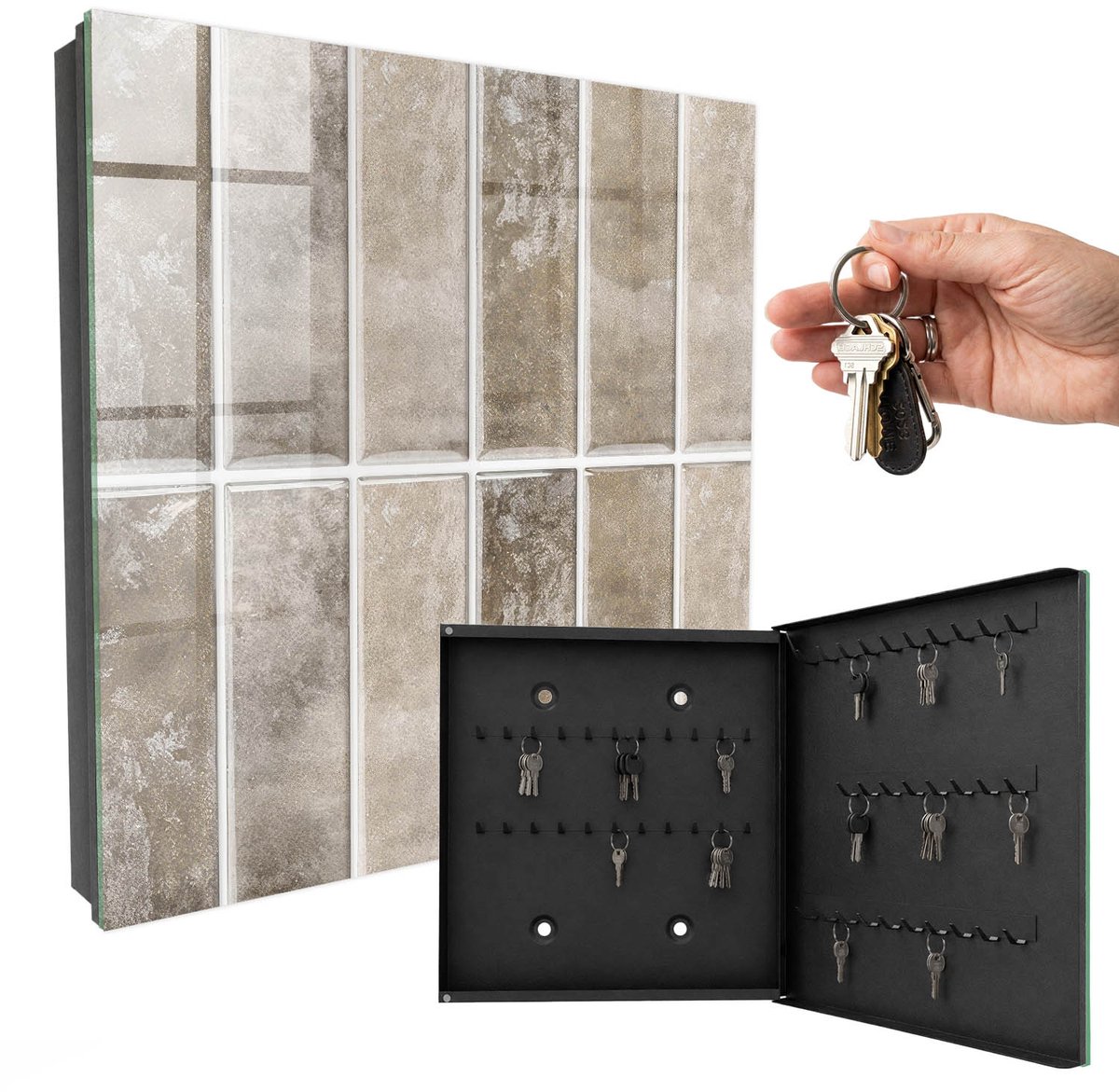 WallMuralia - Sleutelkast - 30x30x5 cm - met 50 haken - Elegante Tegels Sleutelkastje Industrieel - Grijs Sleutelbox - Rechtsopenend - Zwart interieur