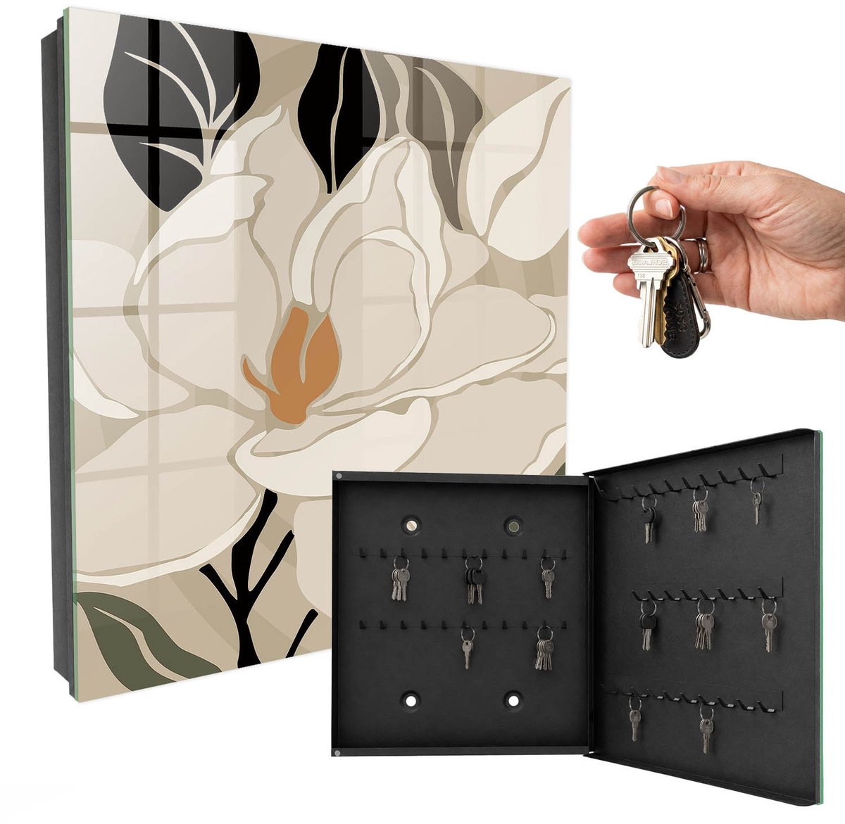 WallMuralia - Sleutelkast - 30x30x5 cm - met 50 haken - Plantaardige Elegantie Sleutelkastje - Beige Sleutelbox - Rechtsopenend - Zwart interieur