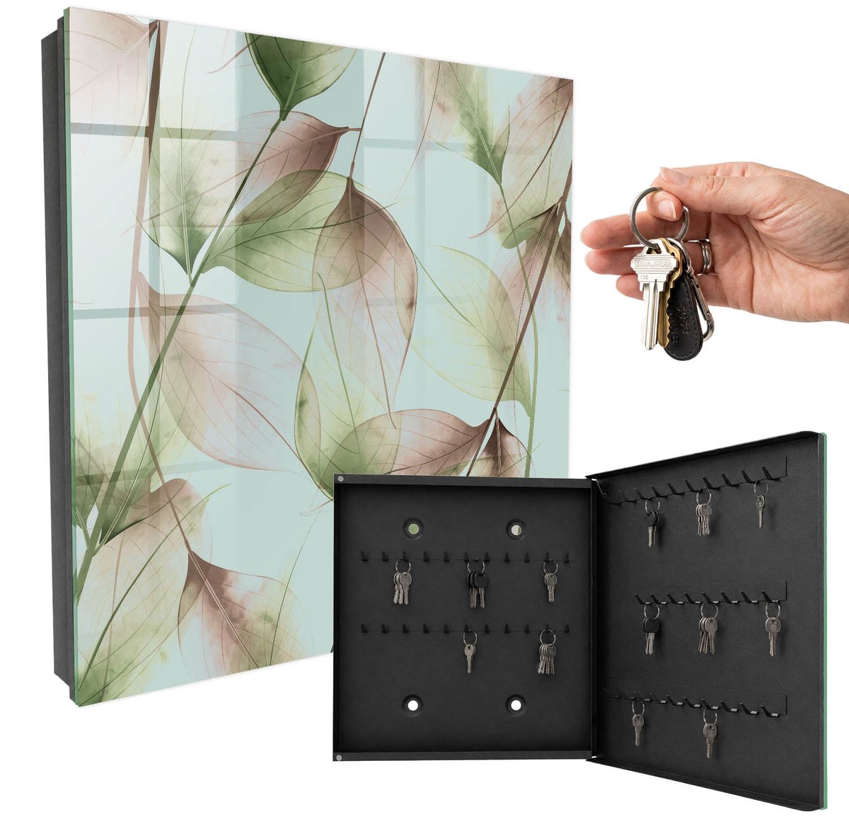WallMuralia - Sleutelkast - 30x30x5 cm - met 50 haken - Bladeren Van De Natuur Leuk Sleutelkastje - Groente Sleutelbox - Rechtsopenend - Zwart interieur