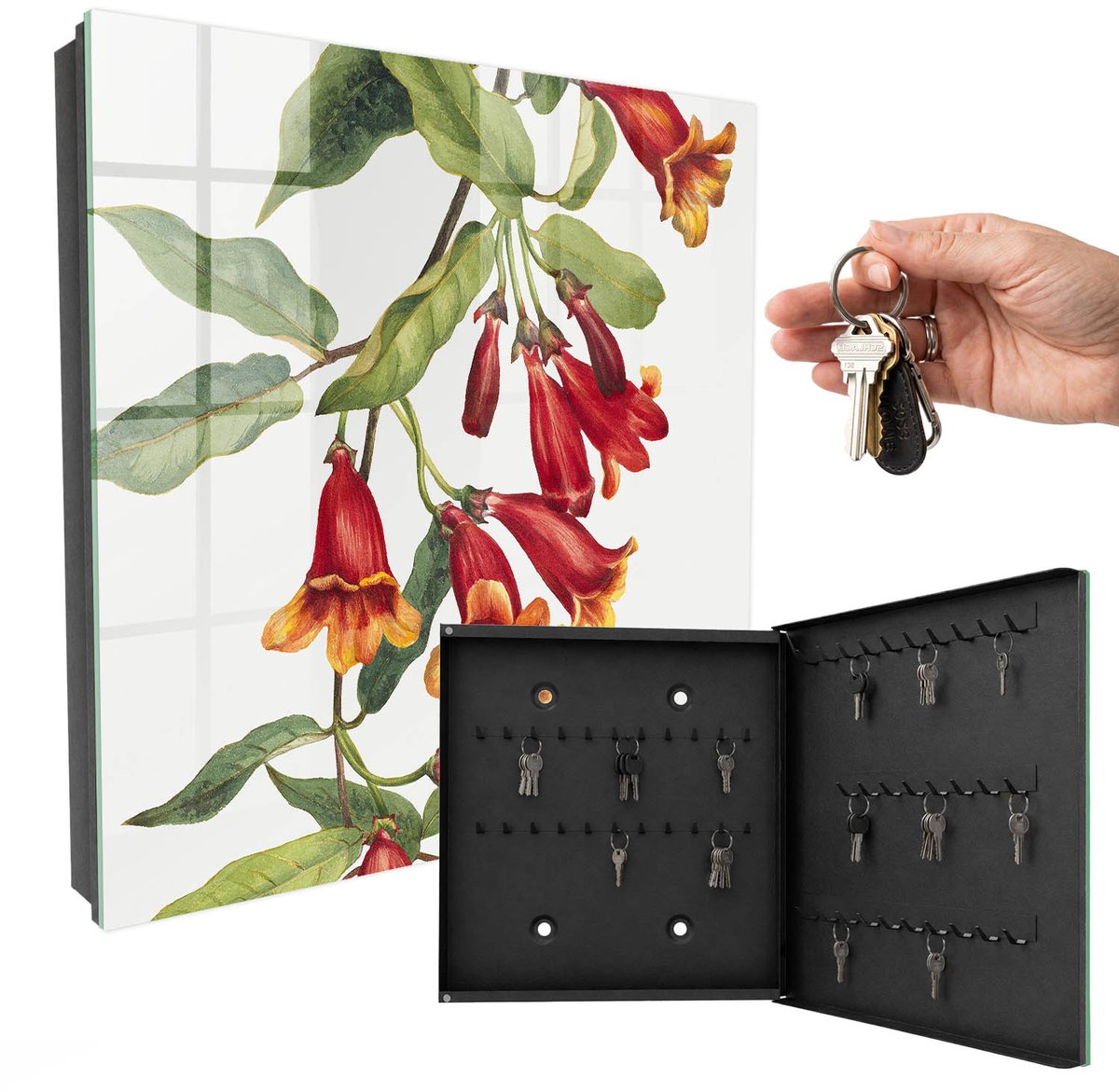 WallMuralia - Sleutelkast - 30x30x5 cm - met 50 haken - Rode Bloemen Sleutelkastje Hal - Rood Sleutelbox - Rechtsopenend - Zwart interieur