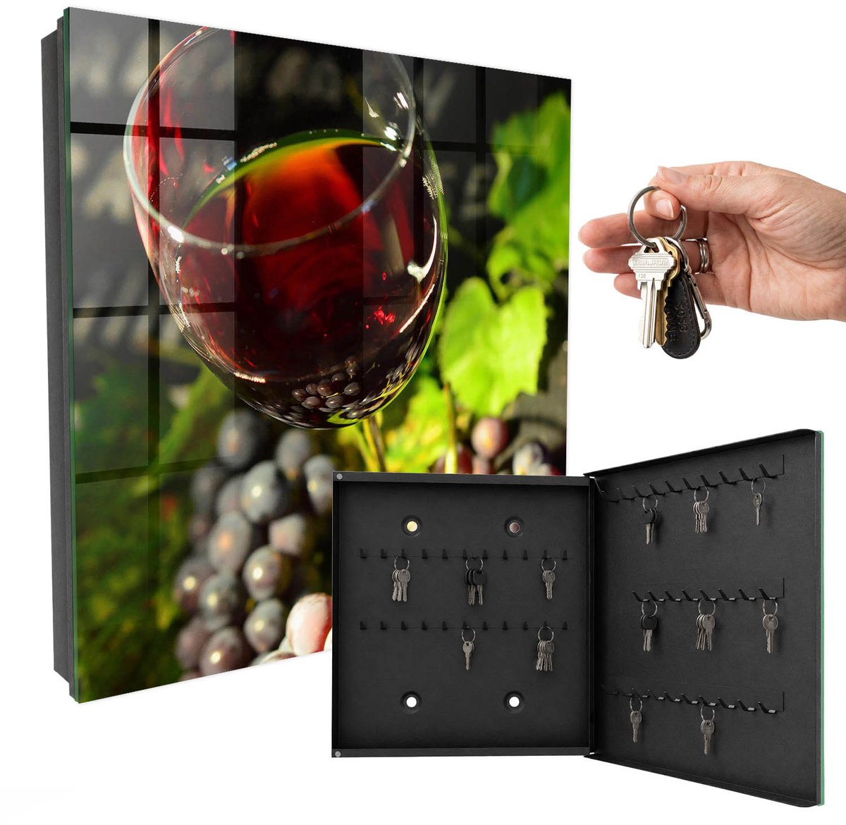 WallMuralia - Sleutelkast - 30x30x5 cm - met 50 haken - Druiven En Wijn Sleutelkastje Hal - Rood Sleutelbox - Rechtsopenend - Zwart interieur