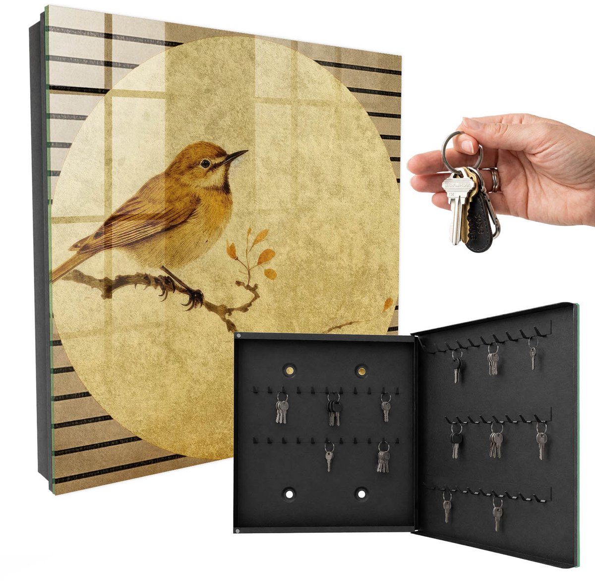 WallMuralia - Sleutelkast - 30x30x5 cm - met 50 haken - Crème Vogel Sleutelkastje Klein - Romig Sleutelbox - Rechtsopenend - Zwart interieur