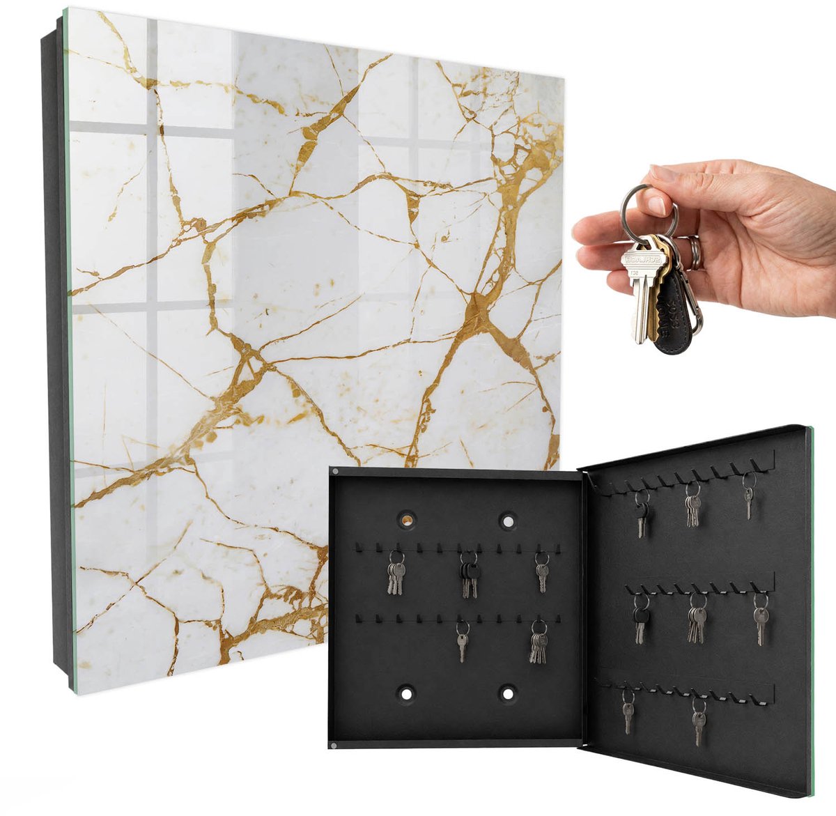 WallMuralia - Sleutelkast - 30x30x5 cm - met 50 haken - Marmerpatroon Sleutelkastje Design - Wit Sleutelbox - Rechtsopenend - Zwart interieur