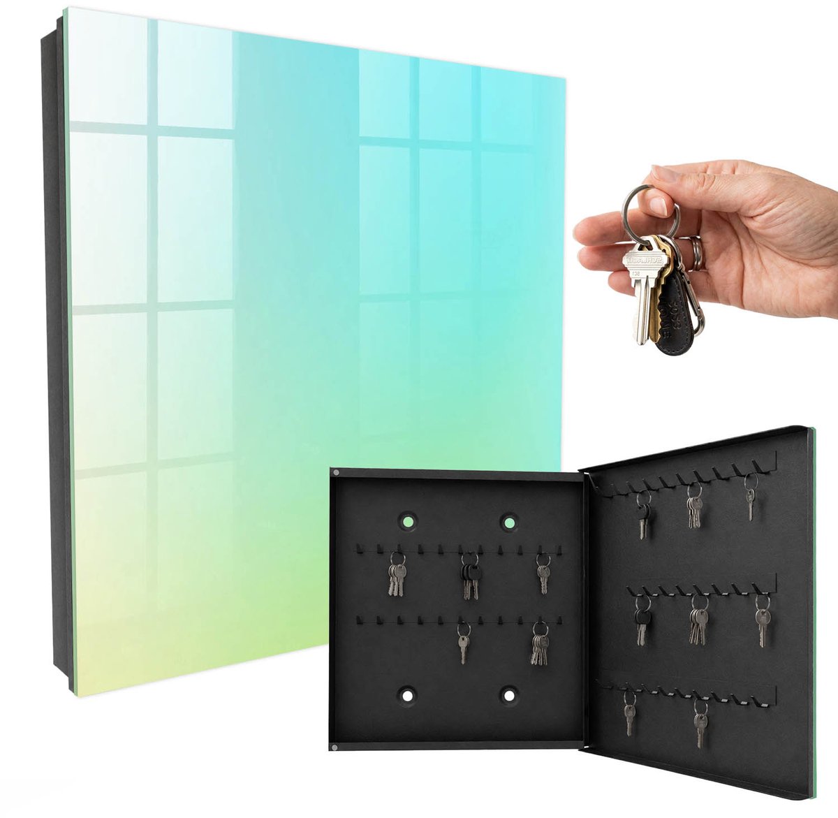 WallMuralia - Sleutelkast - 30x30x5 cm - met 50 haken - Zomerse Frisheid Sleutelkastje Industrieel - Turkoois Sleutelbox - Rechtsopenend - Zwart interieur