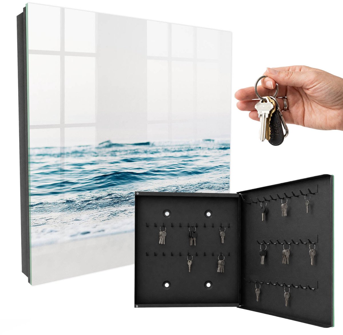WallMuralia - Sleutelkast - 30x30x5 cm - met 50 haken - Vrede Op Zee Sleutelkastje Design - Blauw Sleutelbox - Rechtsopenend - Zwart interieur