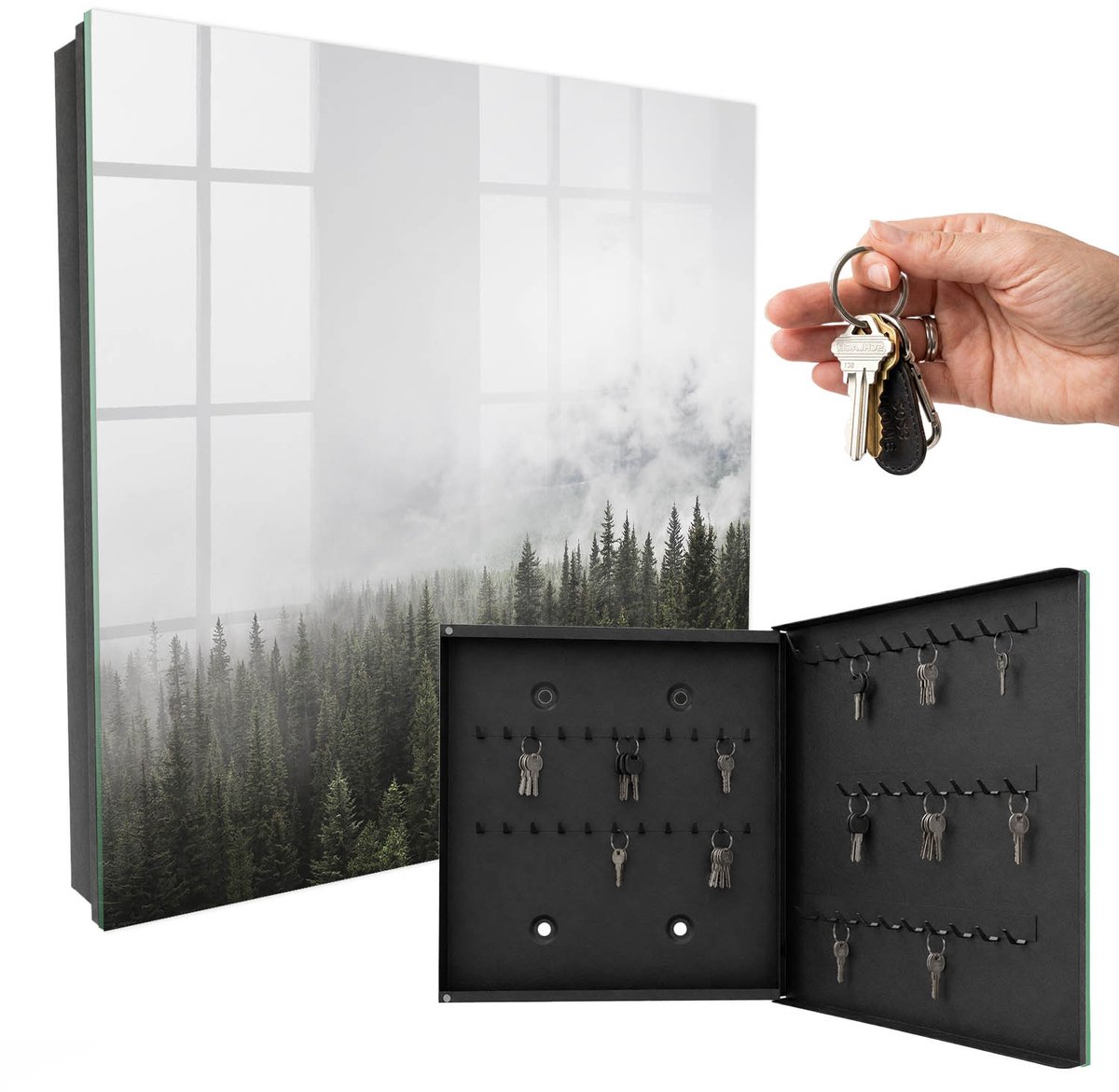 WallMuralia - Sleutelkast - 30x30x5 cm - met 50 haken - Mistige Dennen Groot Sleutelkastje - Wit Sleutelbox - Rechtsopenend - Zwart interieur