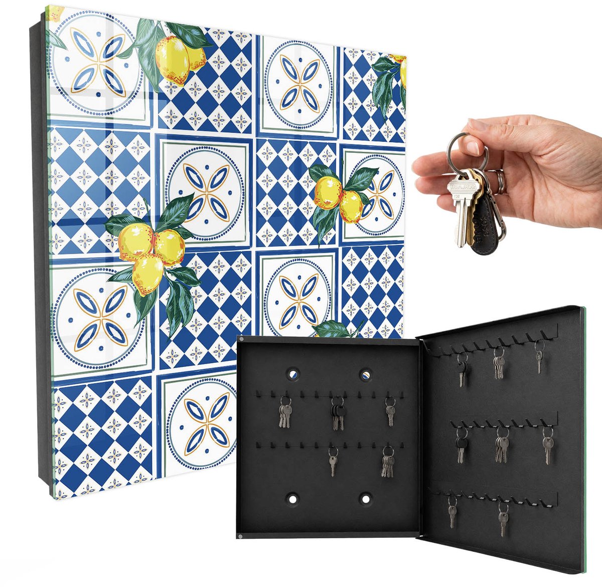 WallMuralia - Sleutelkast - 30x30x5 cm - met 50 haken - Citroentegels Leuk Sleutelkastje - Blauw Sleutelbox - Rechtsopenend - Zwart interieur
