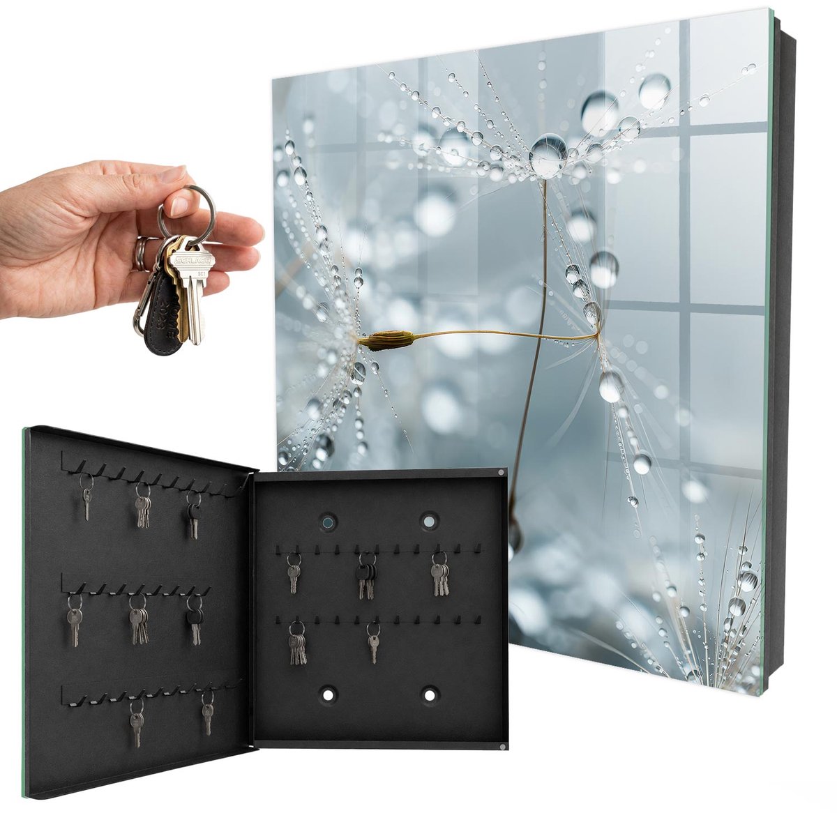 WallMuralia - Sleutelkast - 30x30x5 cm - met 50 haken - Dauwdruppels Sleutelkastje Industrieel - Grijs Sleutelbox - Linksopenend - Zwart interieur