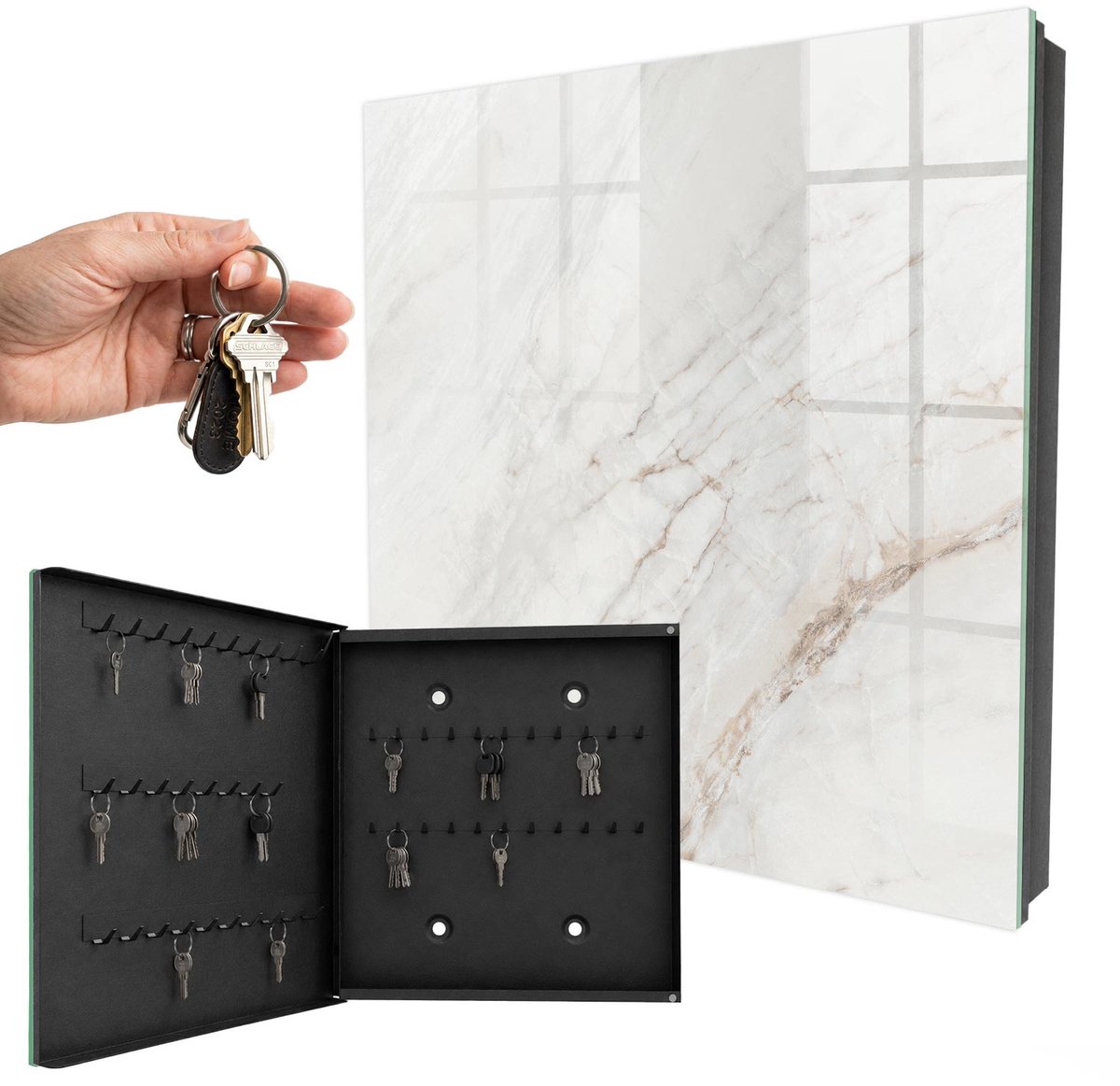 WallMuralia - Sleutelkast - 30x30x5 cm - met 50 haken - Crème Patroon Design Sleutelkastje - Romig Sleutelbox - Linksopenend - Zwart interieur
