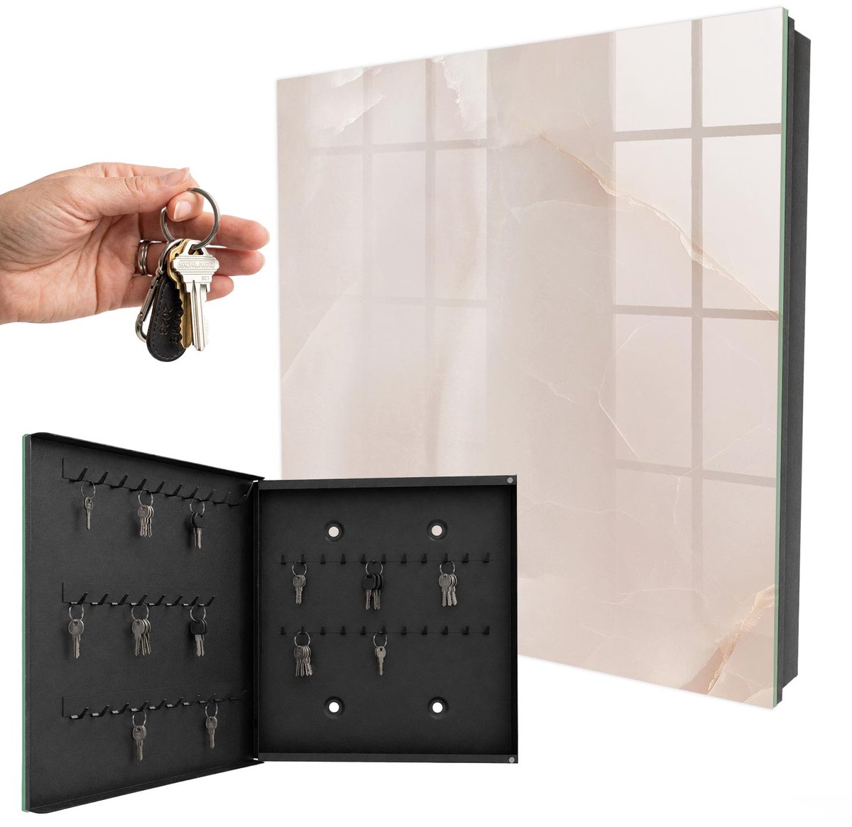 WallMuralia - Sleutelkast - 30x30x5 cm - met 50 haken - Elegante Textuur Sleutelkastje Hal - Beige Sleutelbox - Linksopenend - Zwart interieur