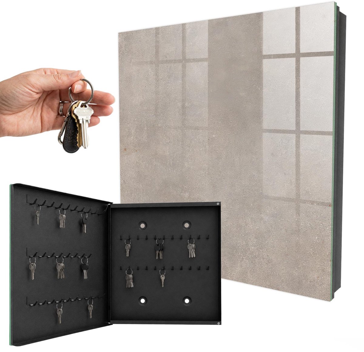 WallMuralia - Sleutelkast - 30x30x5 cm - met 50 haken - Elegante Textuur Sleutelkastje Industrieel - Grijs Sleutelbox - Linksopenend - Zwart interieur