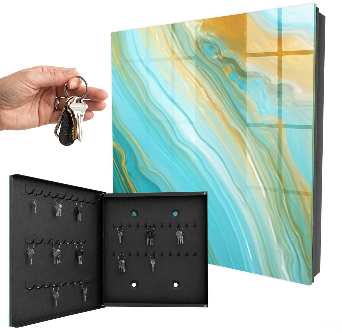 WallMuralia - Sleutelkast - 30x30x5 cm - met 50 haken - Kleurrijke Golven Sleutelkastje Klein - Turkoois Sleutelbox - Linksopenend - Zwart interieur