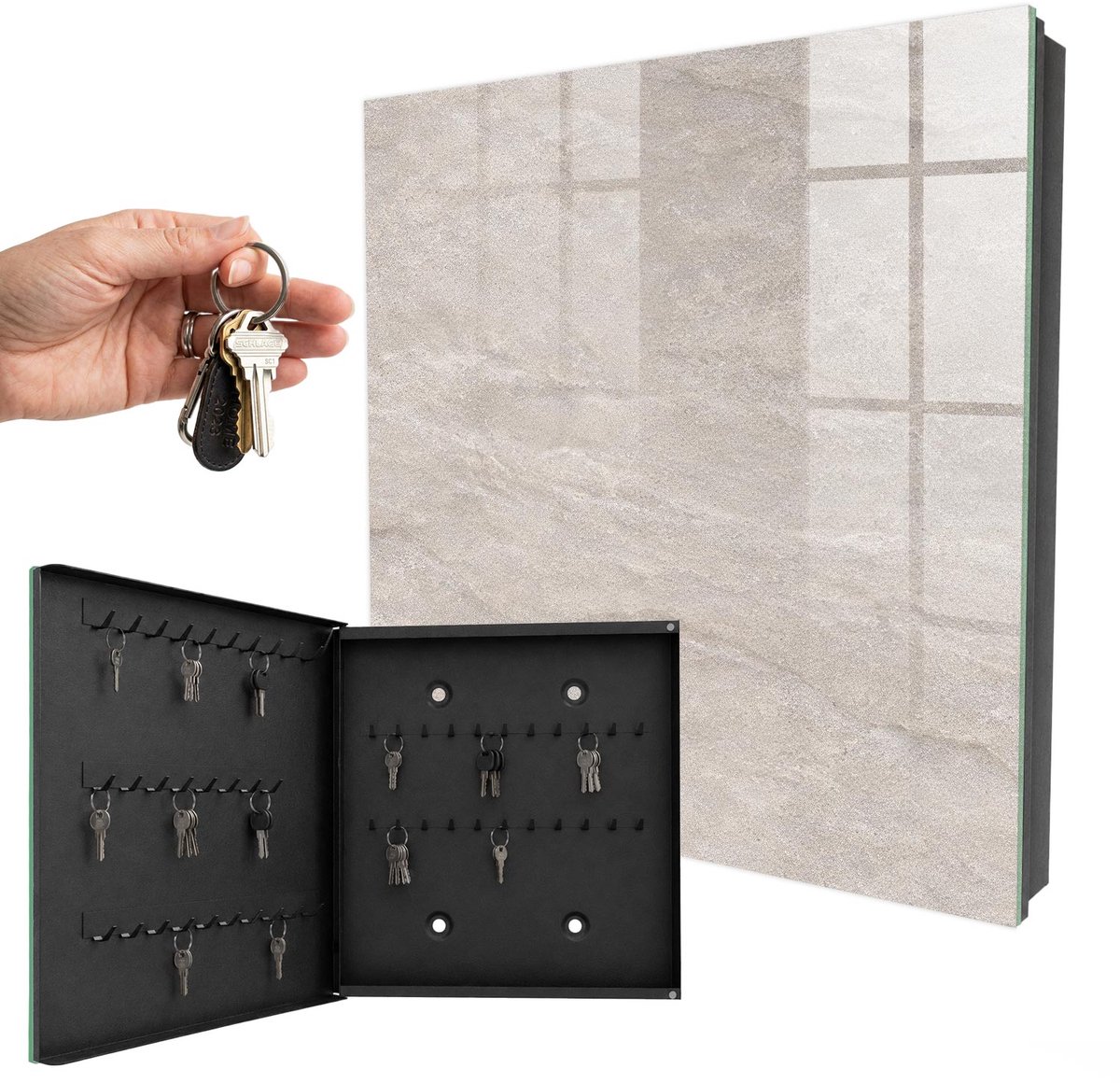 WallMuralia - Sleutelkast - 30x30x5 cm - met 50 haken - Natuurlijke Textuur Sleutelkastje Hal - Beige Sleutelbox - Linksopenend - Zwart interieur
