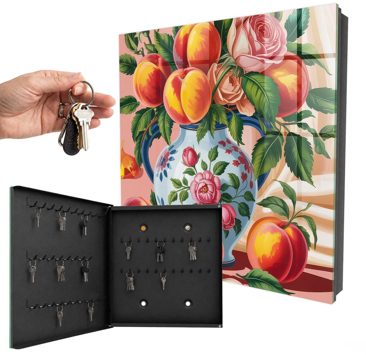 WallMuralia - Sleutelkast - 30x30x5 cm - met 50 haken - Stilleven Sleutelkastje Binnen - Oranje Sleutelbox - Linksopenend - Zwart interieur
