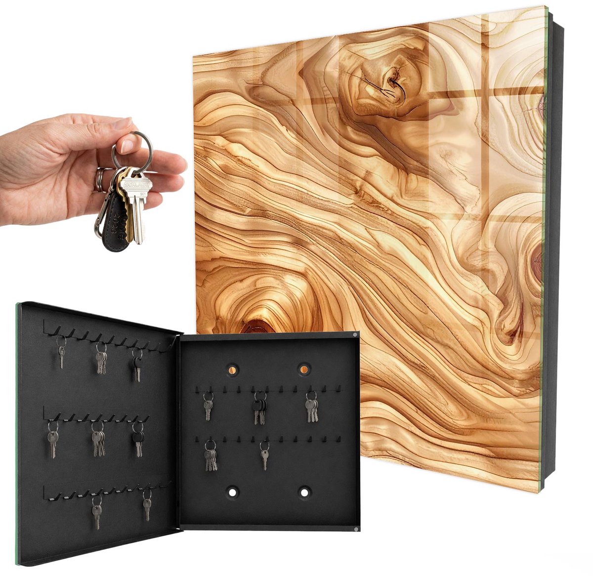 WallMuralia - Sleutelkast - 30x30x5 cm - met 50 haken - Houten Golven Sleutelkastje Muur - Bruin Sleutelbox - Linksopenend - Zwart interieur