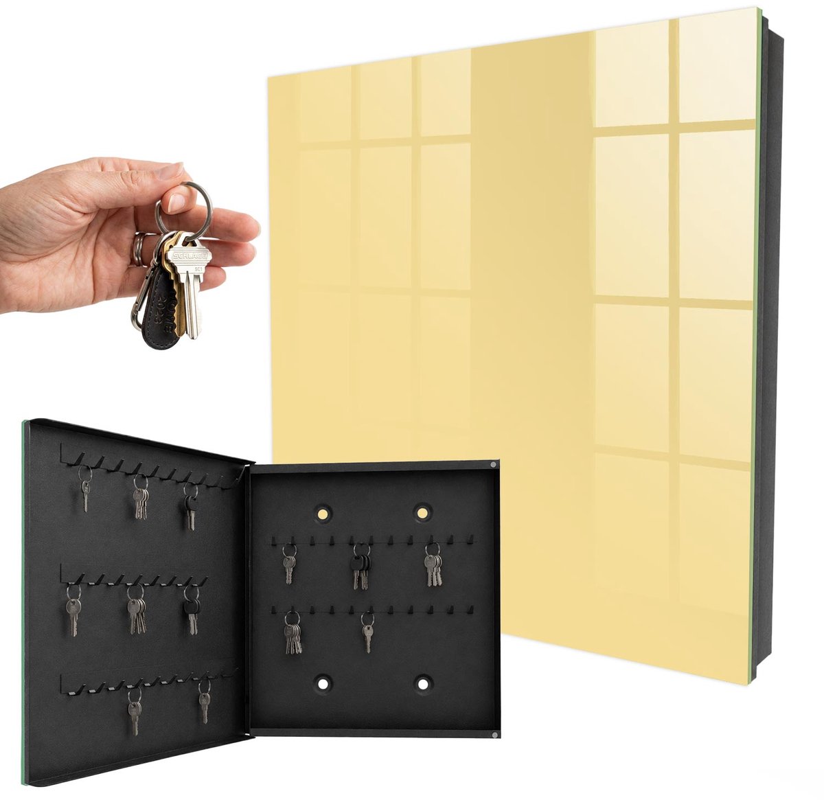 WallMuralia - Sleutelkast - 30x30x5 cm - met 50 haken - Crèmegeel Sleutelkastje Modern - Romig Sleutelbox - Linksopenend - Zwart interieur