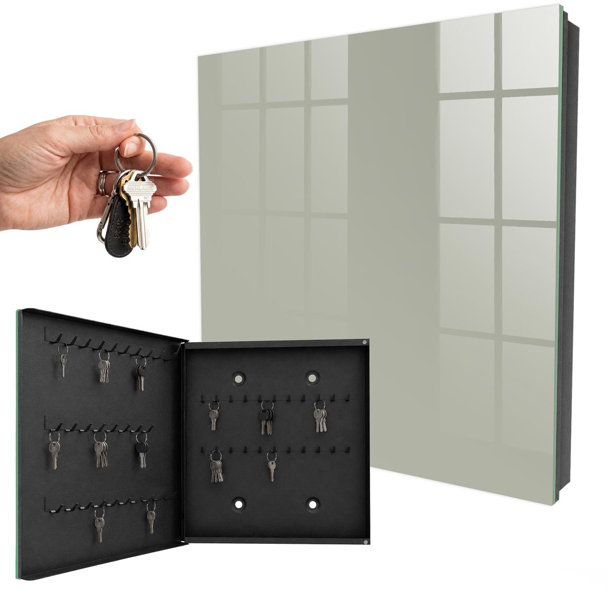 WallMuralia - Sleutelkast - 30x30x5 cm - met 50 haken - Neutraal Grijs Sleutelkastje Muur - Grijs Sleutelbox - Linksopenend - Zwart interieur