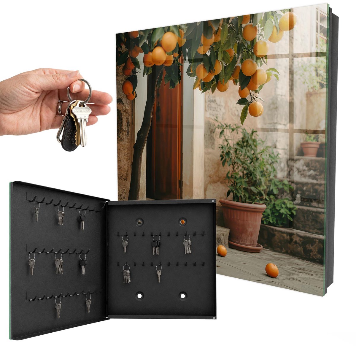 WallMuralia - Sleutelkast - 30x30x5 cm - met 50 haken - Gezellig Terras Sleutelkastje Muur - Oranje Sleutelbox - Linksopenend - Zwart interieur