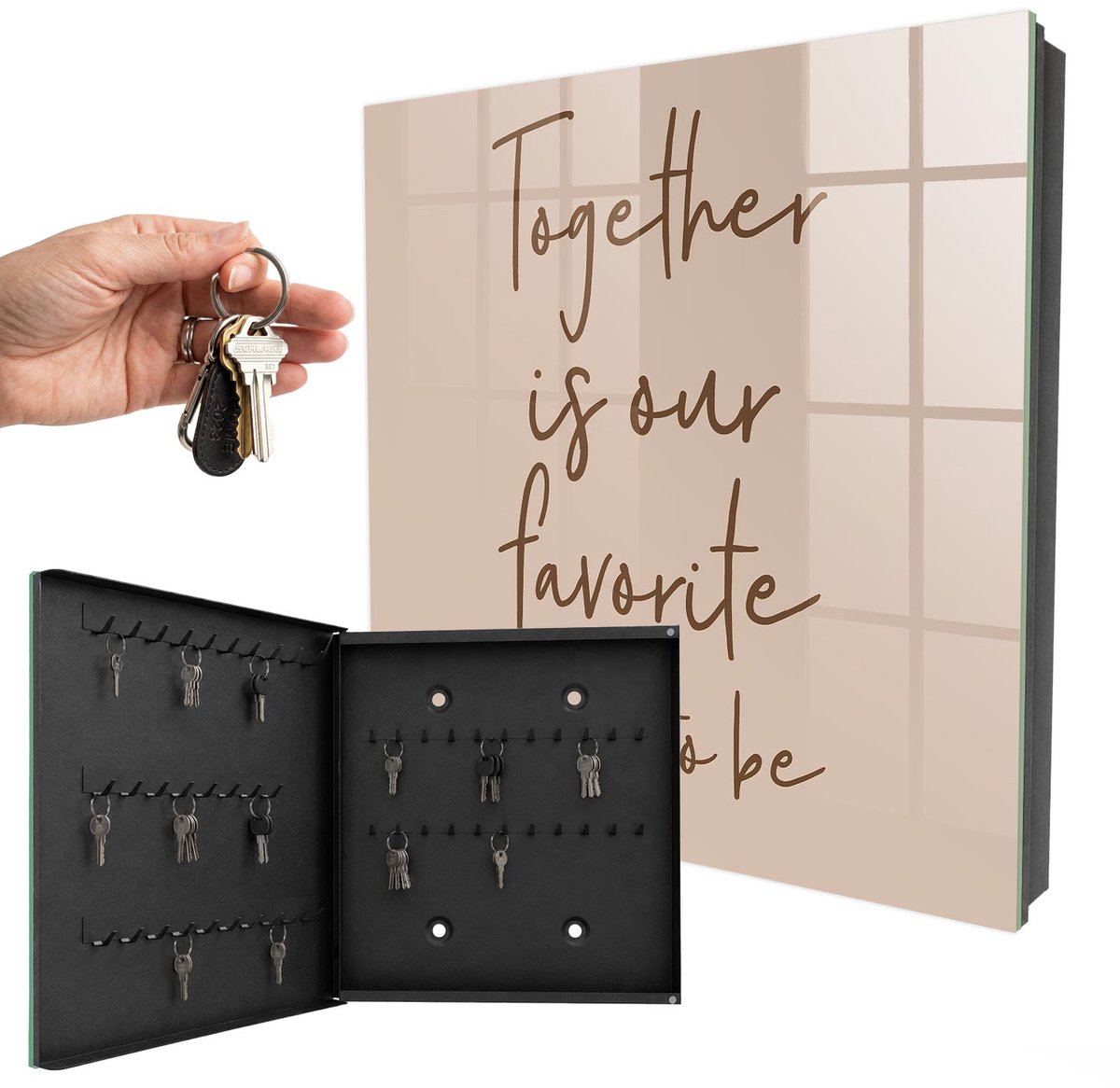 WallMuralia - Sleutelkast - 30x30x5 cm - met 50 haken - De Inscriptie Luidt: Samen Is Onze Favoriete Plek. Sleutelkastje - Beige Sleutelbox - Linksopenend - Zwart interieur
