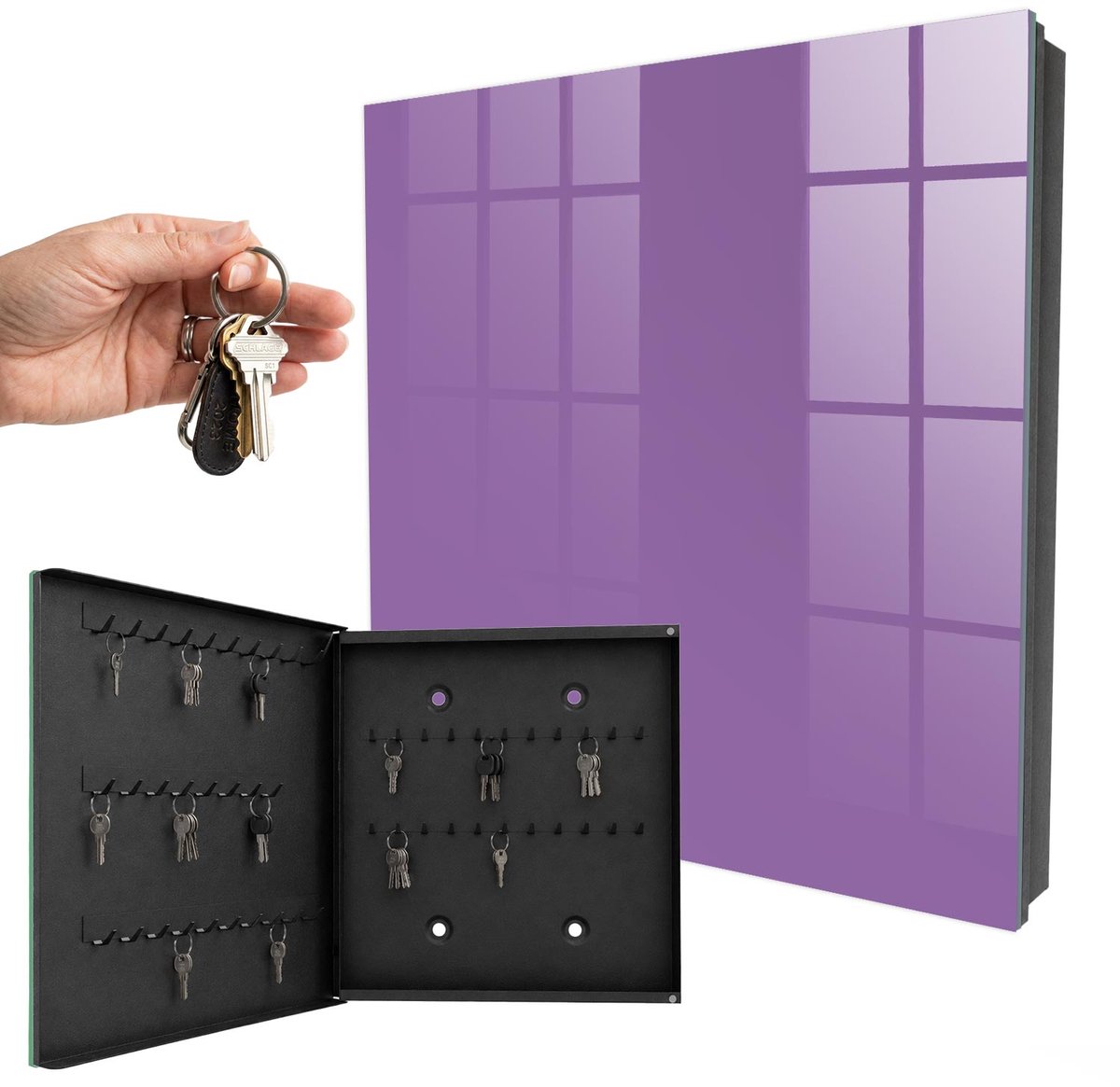 WallMuralia - Sleutelkast - 30x30x5 cm - met 50 haken - Violet Sleutelkastje Landelijk - Paars Sleutelbox - Linksopenend - Zwart interieur