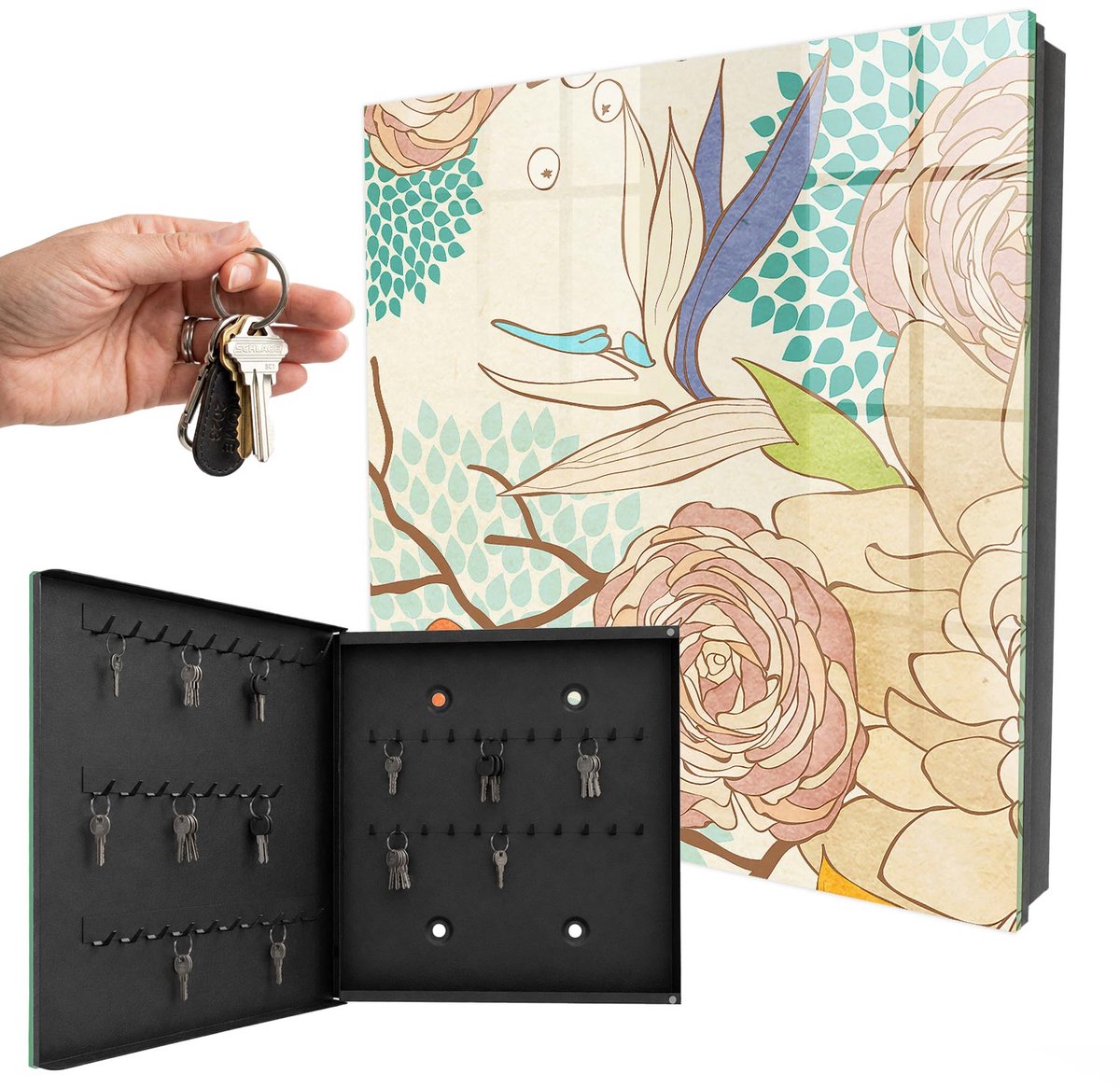 WallMuralia - Sleutelkast - 30x30x5 cm - met 50 haken - Abstracte Bloemen Sleutelkastje Design - Romig Sleutelbox - Linksopenend - Zwart interieur