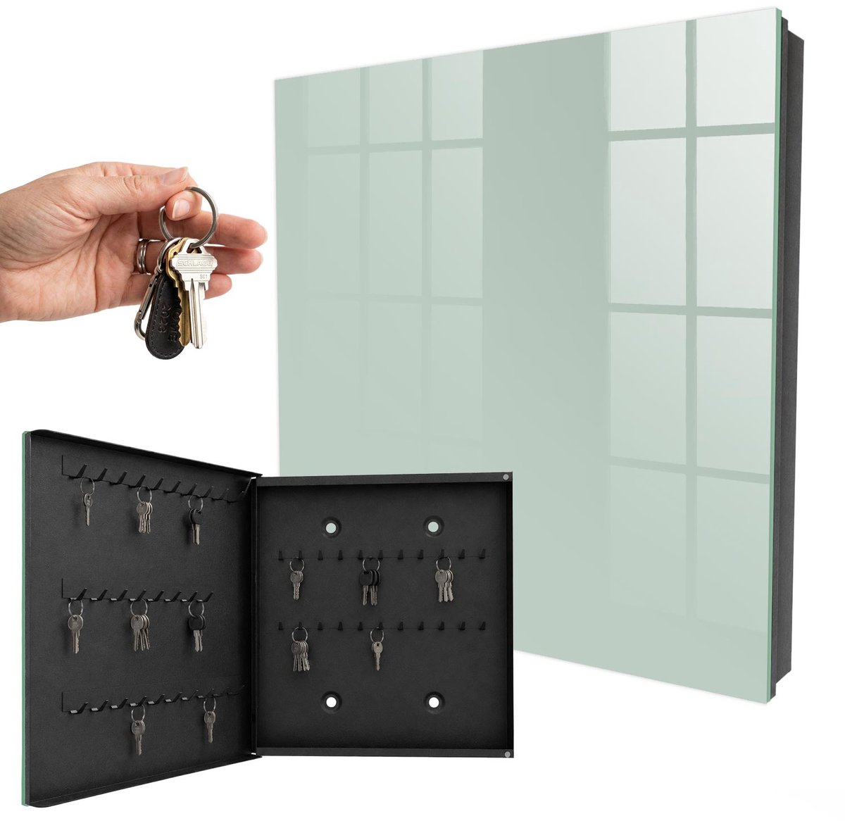 WallMuralia - Sleutelkast - 30x30x5 cm - met 50 haken - Lichte Munt Sleutelkastje Design - Groente Sleutelbox - Linksopenend - Zwart interieur