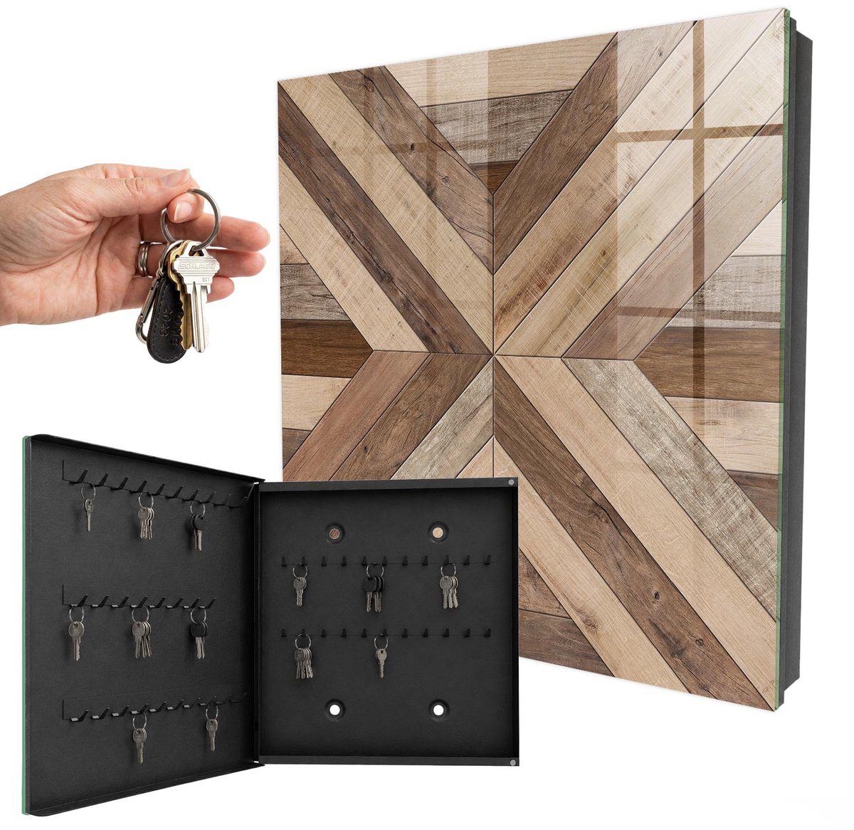 WallMuralia - Sleutelkast - 30x30x5 cm - met 50 haken - Houten Geometrie Sleutelkastje Huis - Bruin Sleutelbox - Linksopenend - Zwart interieur
