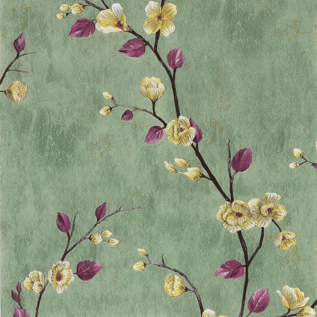 Kleverige achterkant plastic patroon groen bloemen pruim behang 44 cm