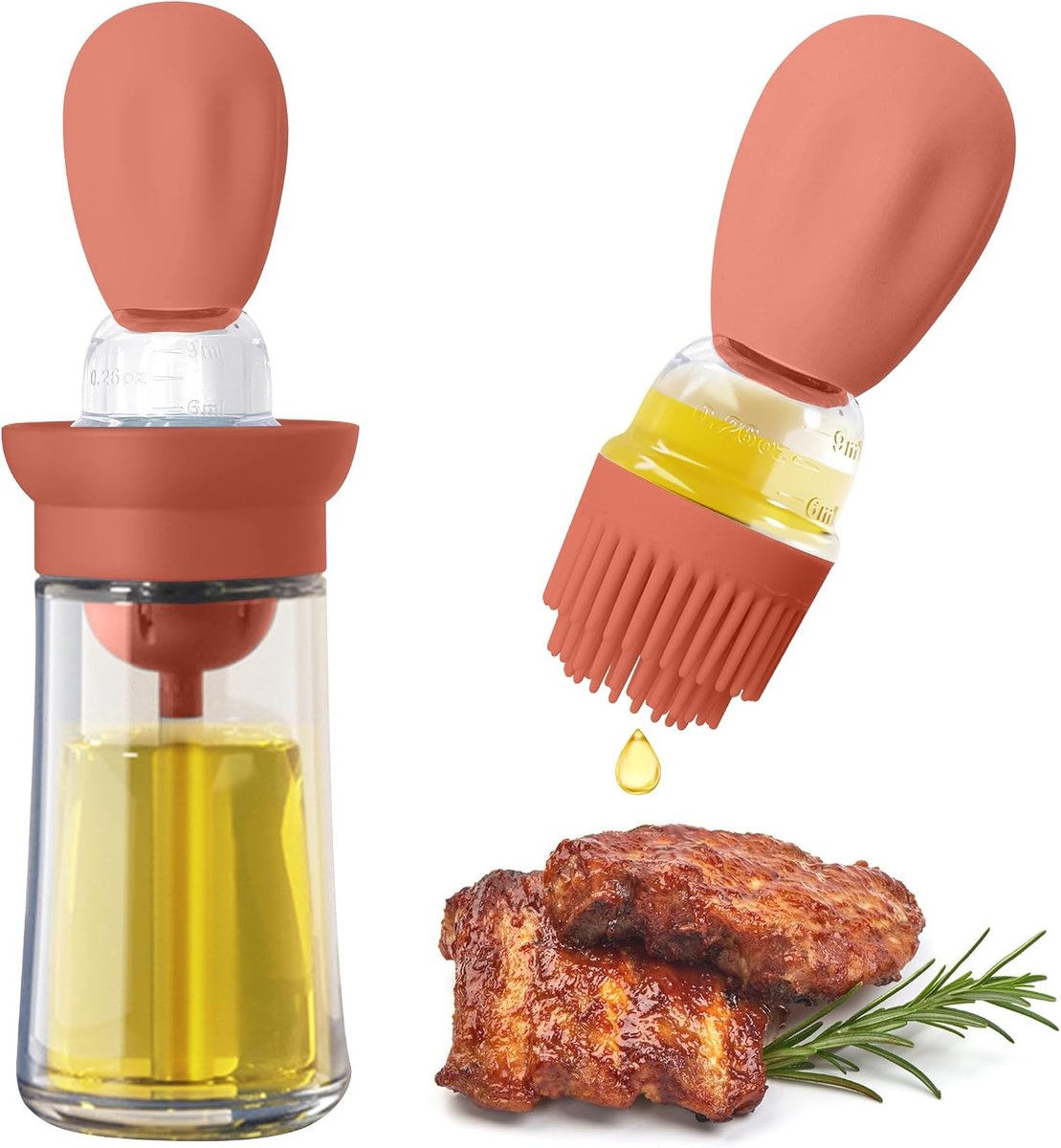 Oliedispenser met 3-laags borstel, 180 ml hemelsblauwe glazen olijffles voor keuken, verstelbare perssproeier voor BBQ, koken, bakken (Bourgondië)