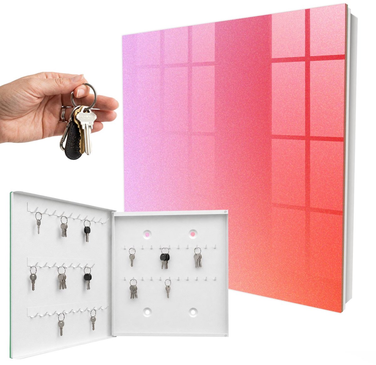WallMuralia - Sleutelkast - 30x30x5 cm - met 50 haken - Kleurrijke Mist Sleutelkastje Huis - Roze Sleutelbox - Linksopenend - Wit interieur