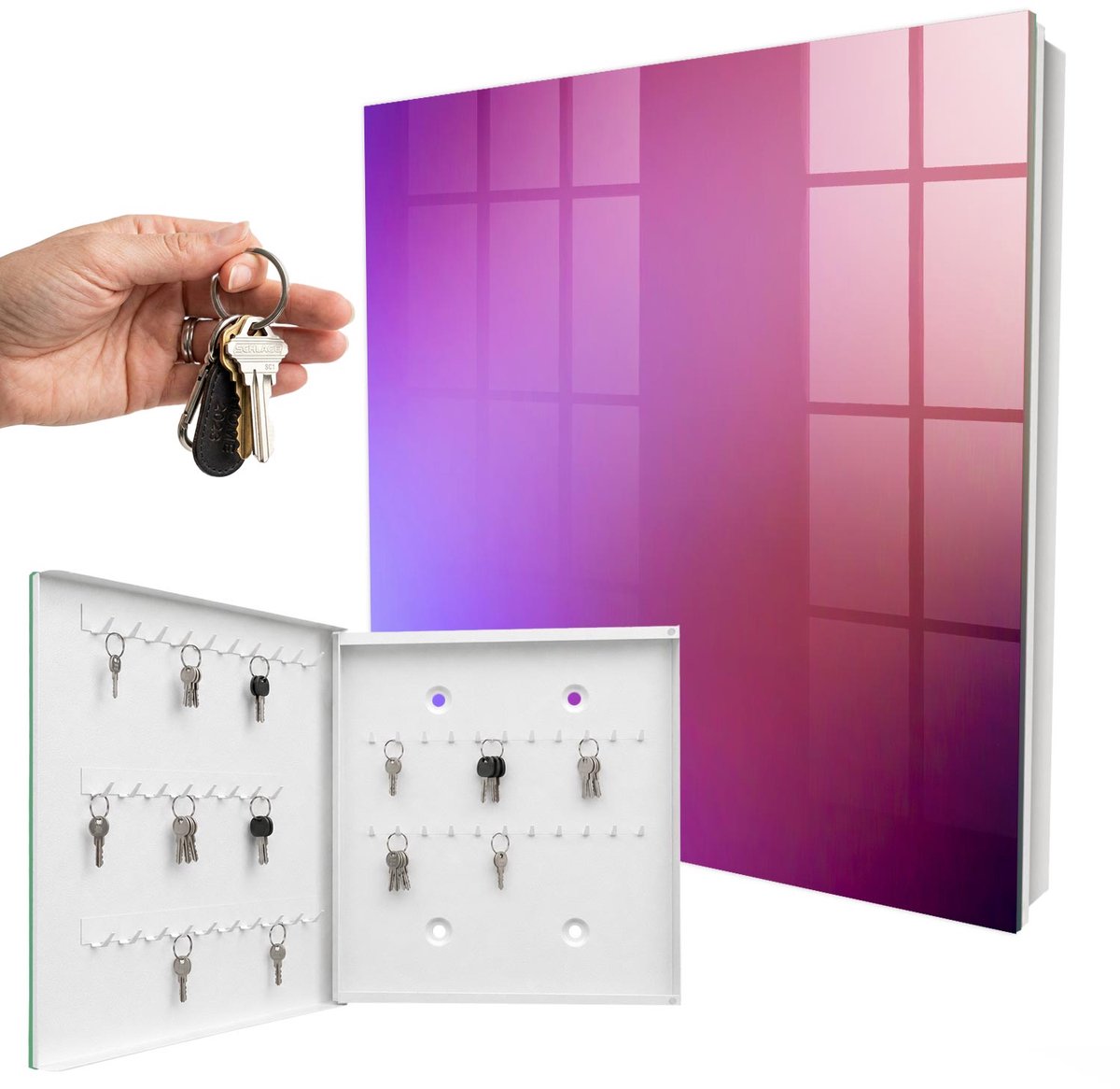WallMuralia - Sleutelkast - 30x30x5 cm - met 50 haken - Kleurrijk Verloop Groot Sleutelkastje - Paars Sleutelbox - Linksopenend - Wit interieur