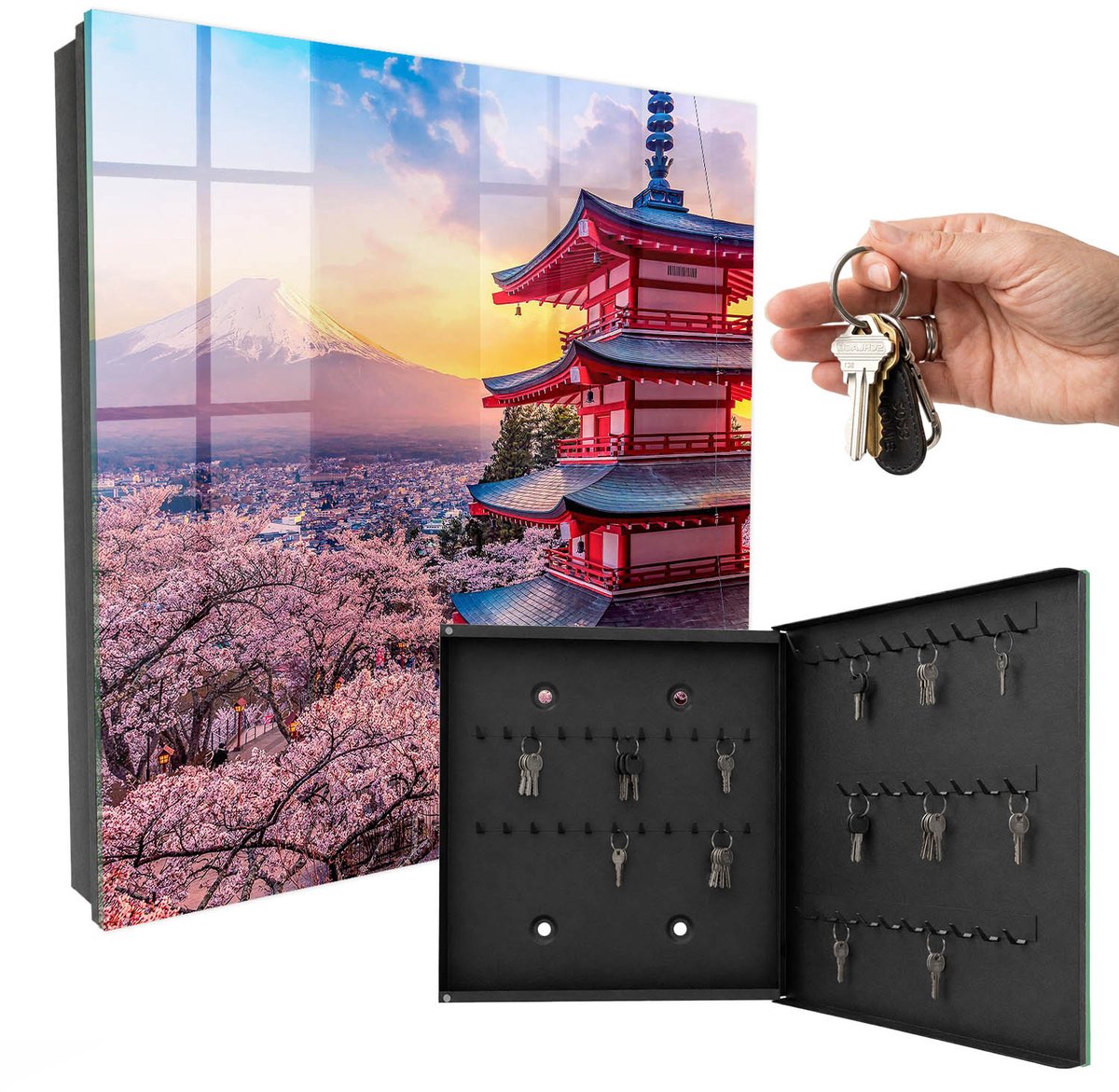 WallMuralia - Sleutelkast - 30x30x5 cm - met 50 haken - Japanse Harmonie Groot Sleutelkastje - Roze Sleutelbox - Rechtsopenend - Zwart interieur