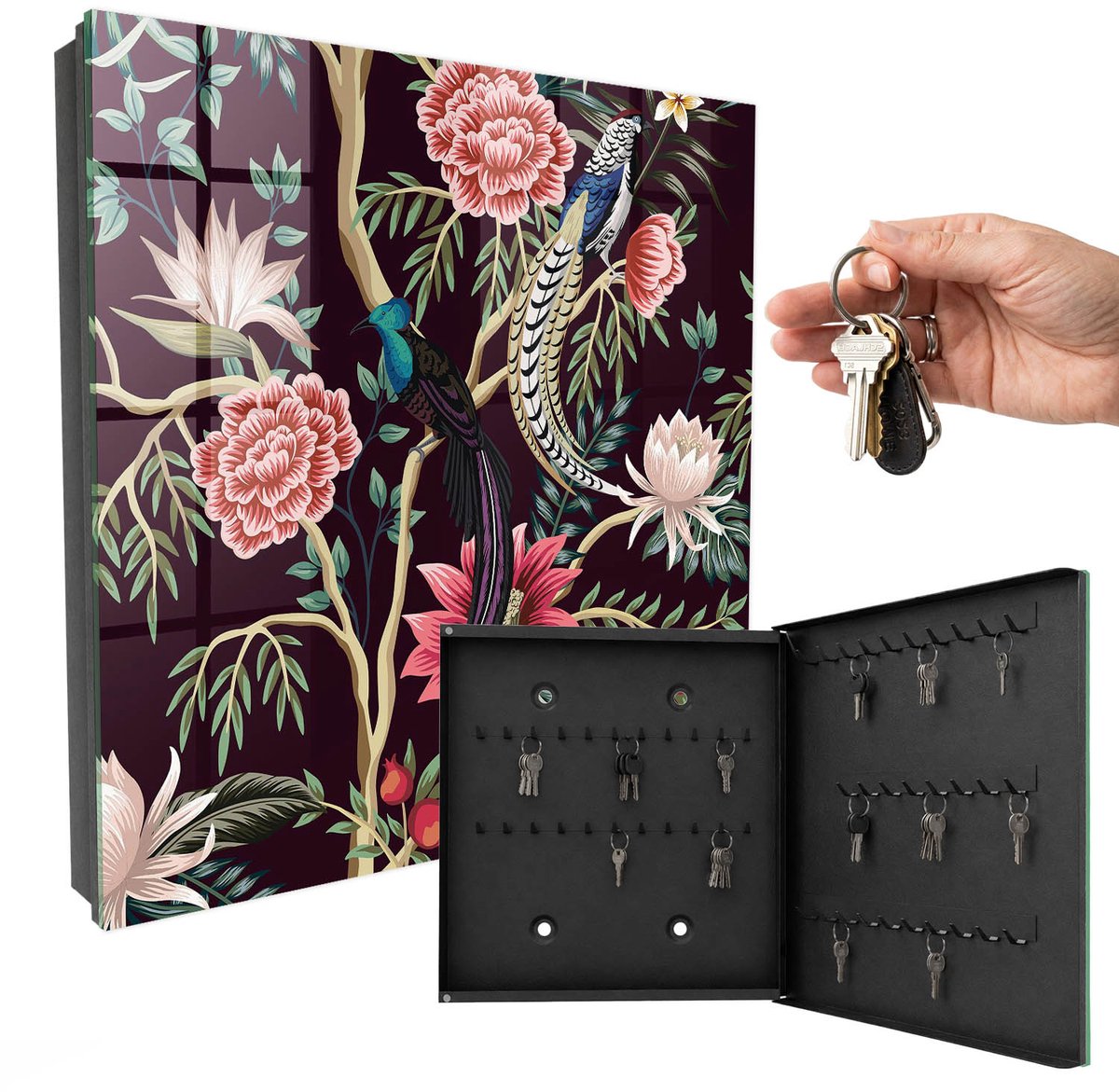 WallMuralia - Sleutelkast - 30x30x5 cm - met 50 haken - Bloemen En Vogels Sleutelkastje Industrieel - Roze Sleutelbox - Rechtsopenend - Zwart interieur