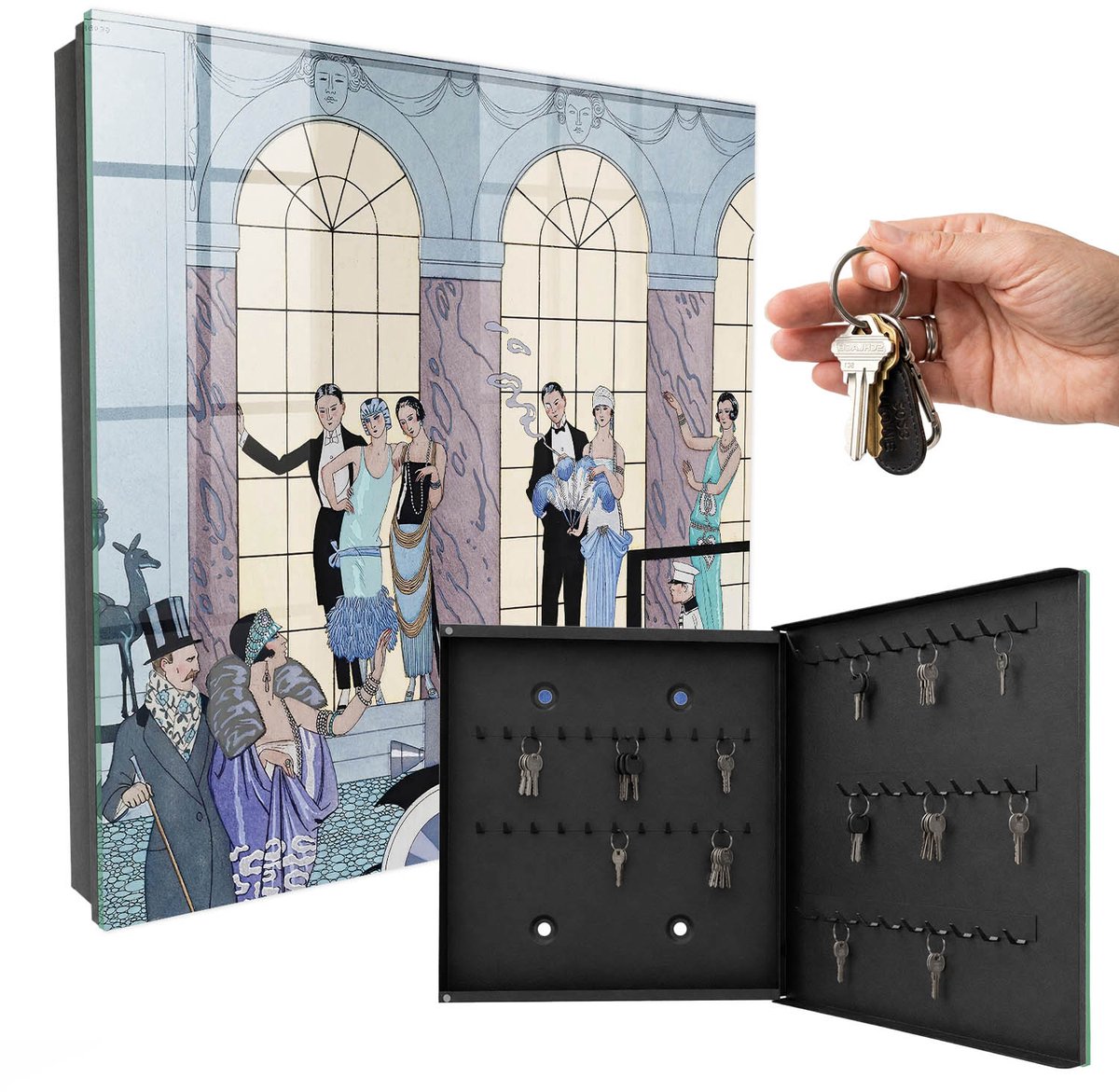 WallMuralia - Sleutelkast - 30x30x5 cm - met 50 haken - Blauwe Partij Sleutelkastje Industrieel - Blauw Sleutelbox - Rechtsopenend - Zwart interieur