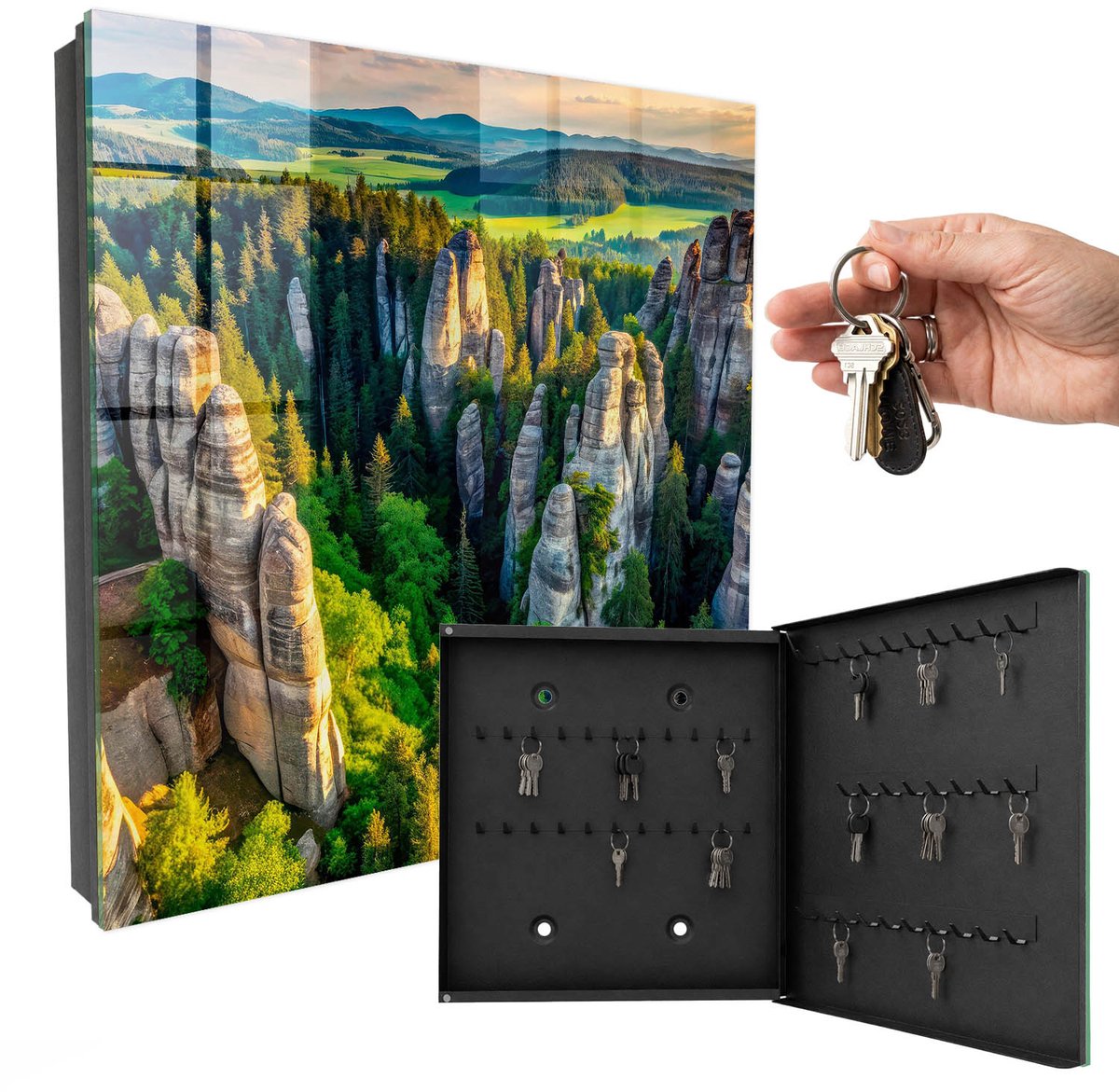 WallMuralia - Sleutelkast - 30x30x5 cm - met 50 haken - Rotsen En Bos Sleutelkastje Modern - Groente Sleutelbox - Rechtsopenend - Zwart interieur