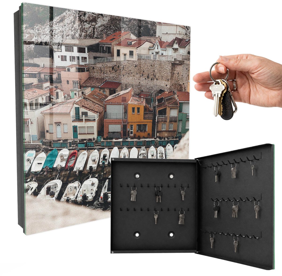 WallMuralia - Sleutelkast - 30x30x5 cm - met 50 haken - Een Kustplaats Sleutelkastje - Beige Sleutelbox - Rechtsopenend - Zwart interieur